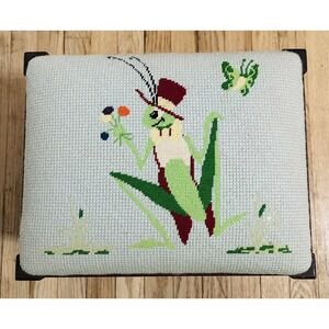 Vintage Grasshopper Needlepoint Footstool Bench Wood 15 L x 12 H 10 W